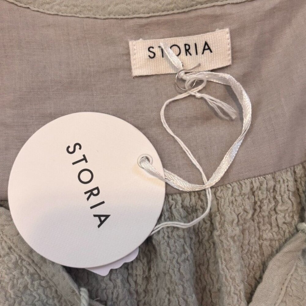 STORIA Womens S Greyish Mint Ruffle Top Blouse Peasant Cottage Core Tassle NWT - Picture 2 of 6